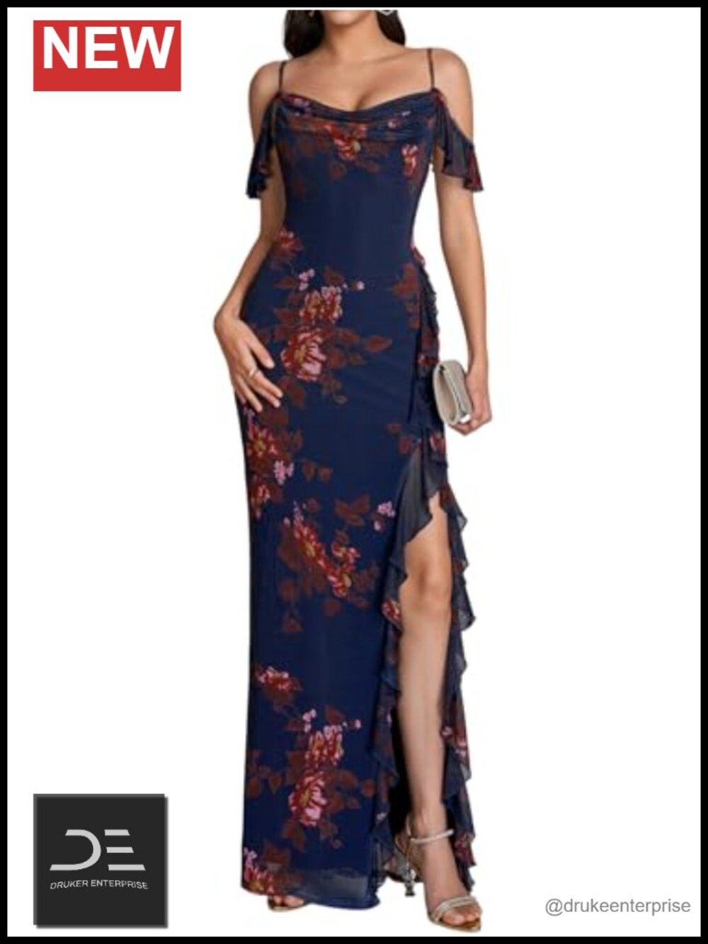 Women's Floral Maxi Bodycon Dress Off Shoulder Ruffle High Slit Formal Wedding